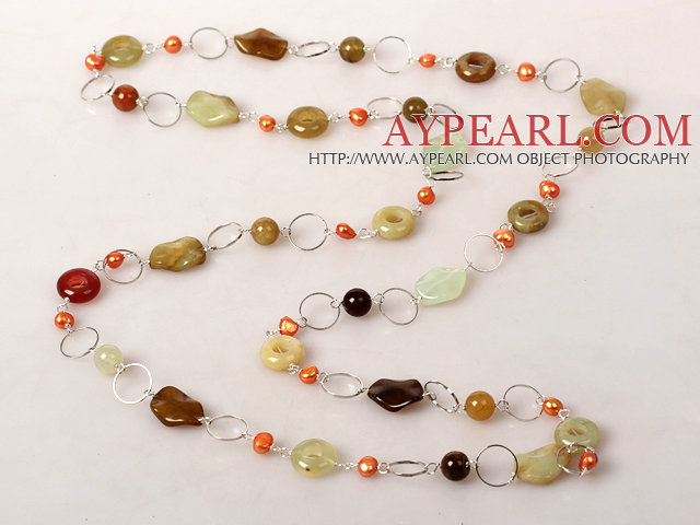 Long Style Pearl and Three Colored Jade Necklace with Metal Chain