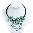 Blue Green Pearl Shell Flower Necklace with Black Cord