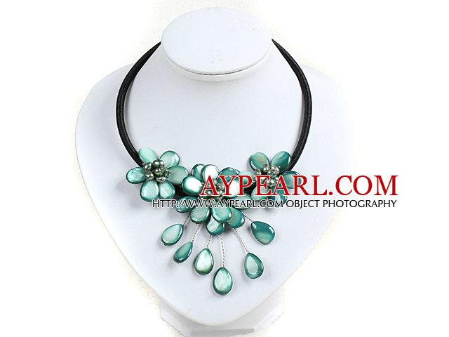 Blue Green Pearl Shell Flower Necklace with Black Cord