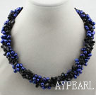 Multi Strands Dyed Dark Blue Freshwater Pearl and Black Agate Necklace