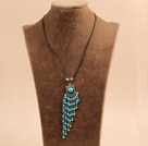 Simple Vintage Style Turquoise Tassel Pendant Necklace With Black Leather