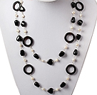 Wholesale Long Style White Pearl and Black Agate Necklace
