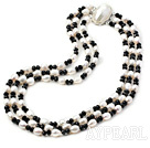 3 strand white pearl and black crystal necklace 