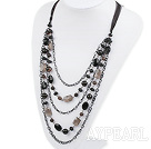 Fashion Multi Strand Layer Style Smoky Crystal And Balck Agate Loop Chain Necklace With Black Ribbons