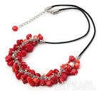 white pearl and red coral necklace with extendable chain