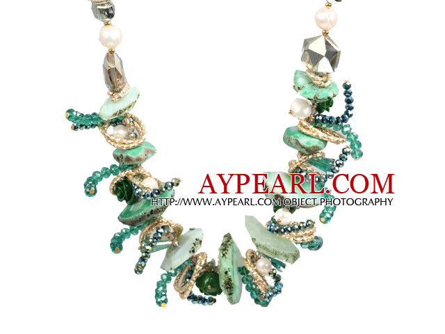 Speical Design Beautiful Green Series Natural Freshwater Pearl Crystal Crystallized Agate Chunky Necklace