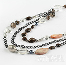 Nice Smoky Quartz And Multi Stone Metal Chain 3-Layer Necklace With Extendable Chain