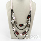 Wholesale Fashion Layer Loop Chain Style Smoky Quartz And Agate Necklace With Pink Ribbon