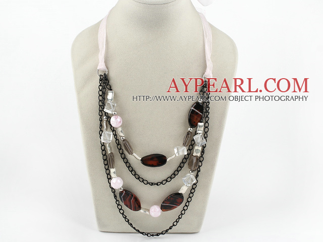 Fashion Layer Loop Chain Style Smoky Quartz And Agate Necklace With Pink Ribbon