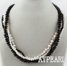 Multi Strand Black and White Freshwater Pearl and Black Agate Necklace with Moonlight Clasp