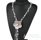 Wholesale Elegant Mother Of Pearl Shell Flower And Rose Quartz Chips Y Shape Pendant Necklace