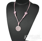 Fashion Heart Shape Color Glaze And Flat Round Rose Quartz Pendant Necklace With Pink Cords