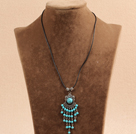Simple Vintage Style Chandelier Shape Blue Turquoise Tassel Pendant Necklace With Black Leather