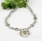 dyed gray pearl and tibet silver flower pendant necklace with lobster clasp