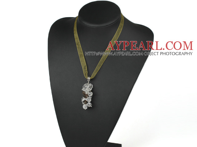 Lovely Cluster Style White And Smoky Quartz Pendant Necklace With Yellow Ribbon