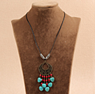 Simple Vintage Style Heart Shape Turquoise Red Round Coral Beads Tassel Pendant Necklace With Black Leather