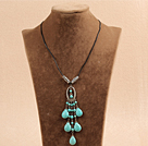 Simple Vintage Style Tear Drop Shape Blue Turquoise Tassel Pendant Necklace With Black Leather