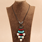 Simple Vintage Style Chandelier Shape Heart White Coral Tear Drop Shape Blue Turquoise Tassel Pendant Necklace With Black Leather