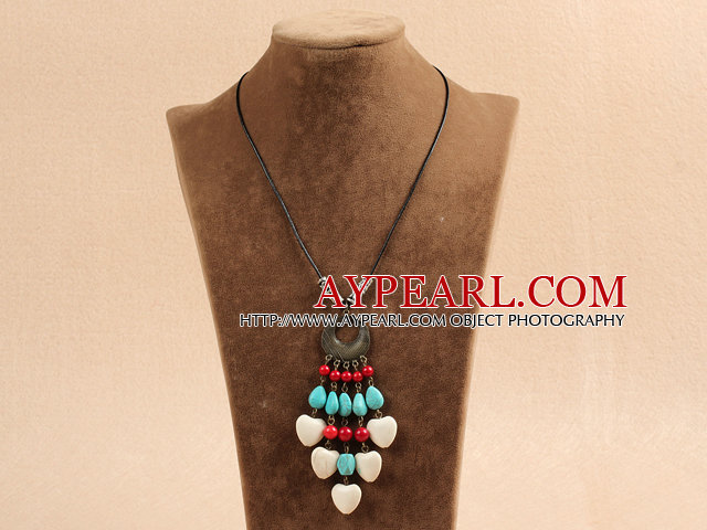 Simple Vintage Style Chandelier Shape Heart White Coral Tear Drop Shape Blue Turquoise Tassel Pendant Necklace With Black Leather
