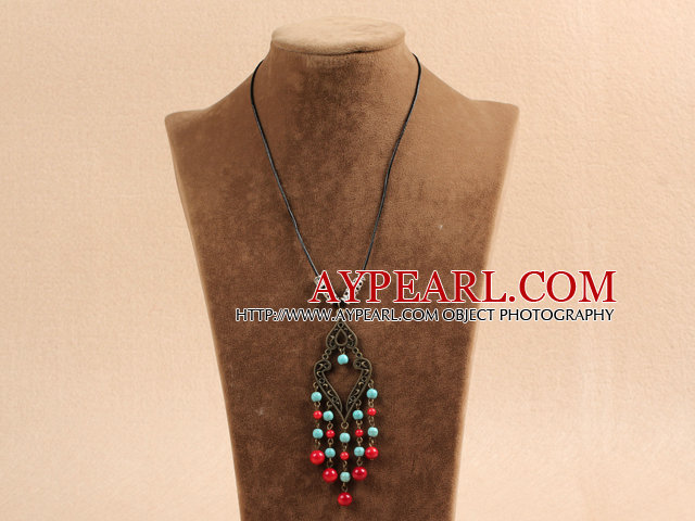 Simple Vintage Style Chandelier Shape Round Coral Turquoise Beads Tassel Pendant Necklace With Black Leather