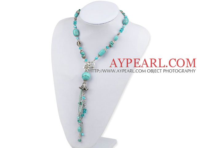 Popular Lake Blue Series Turquoise Freshwater Pearl And Crystal Pendant Threaded Necklace With Flower Toggle Clasp