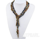Fashion Fresh Water Pearl And Green Piebald Stone Necklace, Sweater Necklace