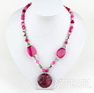 Fashion Round Nut And Chess Engraved Flower Shape Pink Agate Metal Charm Pendant Necklace With Moonight Clasp