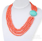 Multi Strand Oragne Color Coral Beaded Necklace with Turquoise Clasp
