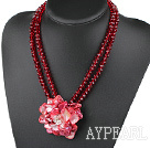 Dark Red Crystal and Shell Flower Necklace