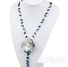Elegant Y Shape Sodalite Chips And Gray Shell White Pearl Flower Pendant Necklace