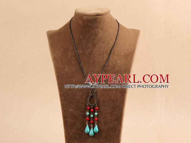 Simple Vintage Style Round Coral Tear Drop Shape Turquoise Beads Tassel Pendant Necklace With Black Leather