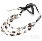 Fashion Layer Loop Charm Smoky Quartz Strand Necklace With Black Ribbon