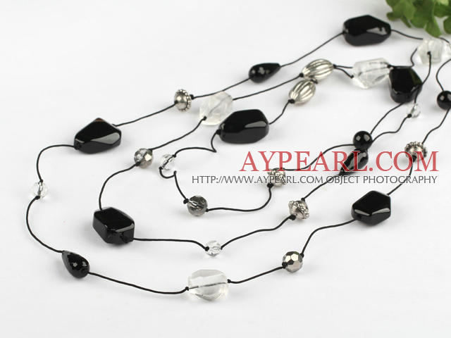 long style black agate and crystal necklace