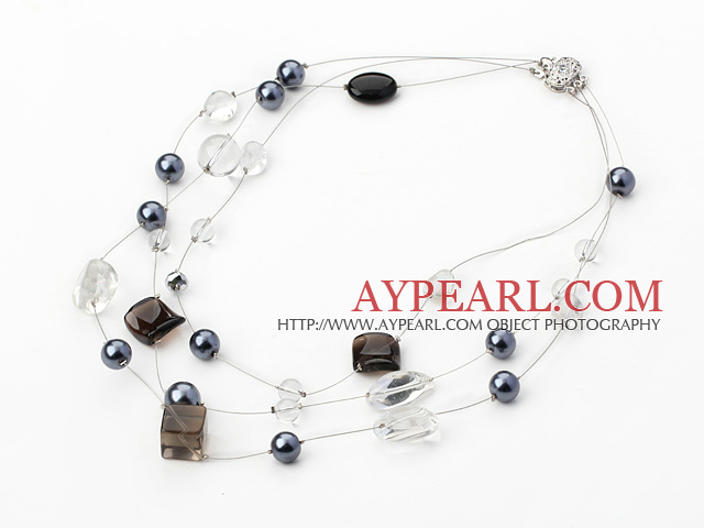 Popular Multi Strand Crystal Smoky Quartz And Shell Beads Necklace