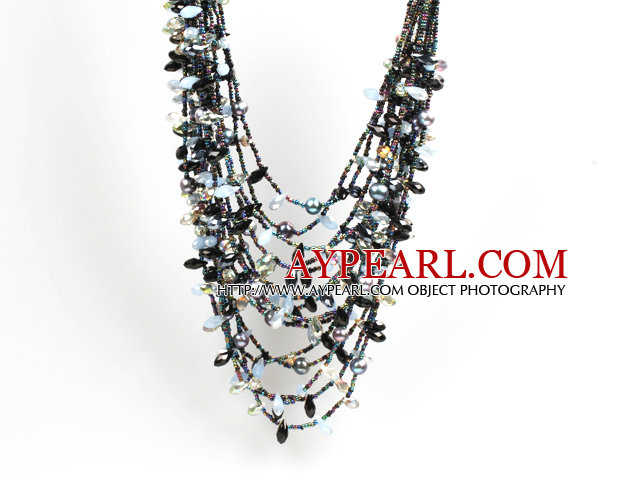 Gorgeous Multi Layer Black Series Natural Freshwater Pearl Crystal Party Necklace