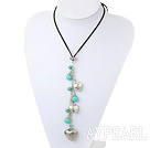 Fashion Round Turquoise And Peach Heart Metal Charm Pendant Necklace With Black Cord