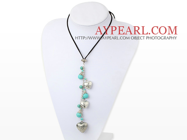 Fashion Round Turquoise And Peach Heart Metal Charm Pendant Necklace With Black Cord