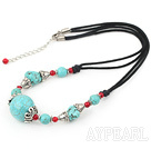 Nice Blue Turquoise And Red Bloodstone Cap Metal Charm Necklace With Knotted Black Cord