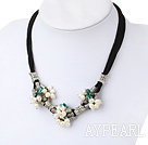 Fashion Cluster Style White Freshwater Pearl And Chipped Turquoise Metal Charm Necklace With Suede Cords