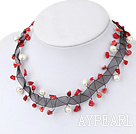Fashion Hand Knotted White Freshwater Pearl And Mixed Red Coral Necklace With Black Silk Strand