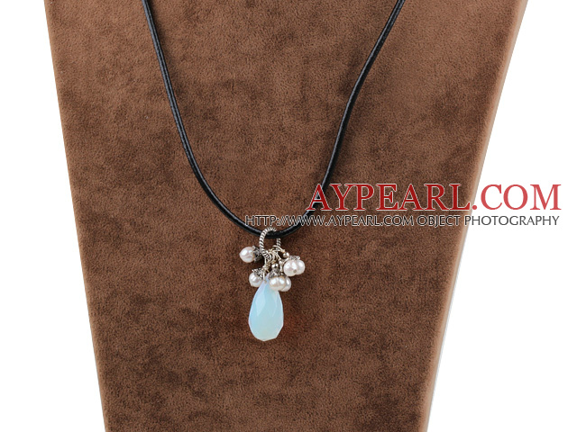 white pearl and drop shaped moonstone necklace with lobster clasp
