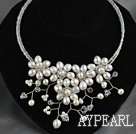 Natural White Freshwater Pearl and Clear Crystal Flower Bib Necklace ( No Clasp )