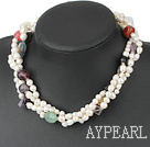Fashion Multi Strand White Baroque Freshwater Pearl And Multi-Stone Necklace With Moonight Clasp