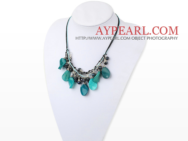 Fashion Black Freshwater Pearl And Irregular Shape Blue Jade Threaded Necklace