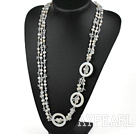 Elegant 3-Strand White Freshwater Pearl Crystal And Hollow Disc Shell Necklace