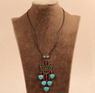Simple Vintage Style Chandelier Shape Heart Turquoise Red Round Coral Beads Tassel Pendant Necklace With Black Leather
