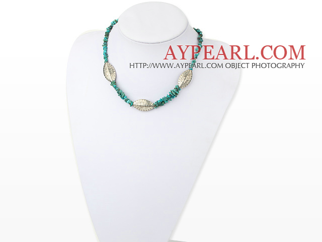 Fashion Chipped Blue Turquoise And Oval Metal Bead Necklace With Toggle Clasp