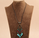 Simple Vintage Style Chandelier Shape Turquoise Red Coral Beads Tassel Pendant Necklace With Black Leather
