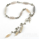 Wholesale Fashion Engraved Grey Agate And Metal Charm Pendant Necklace With Flower Clasp