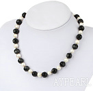 Beautiful White Freshwater Pearl And Faceted Round Black Crystal Beaded Necklace